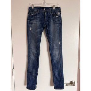 7 For All Mankind blue distressed jeans. Straight leg. Mid rise. Size 27.